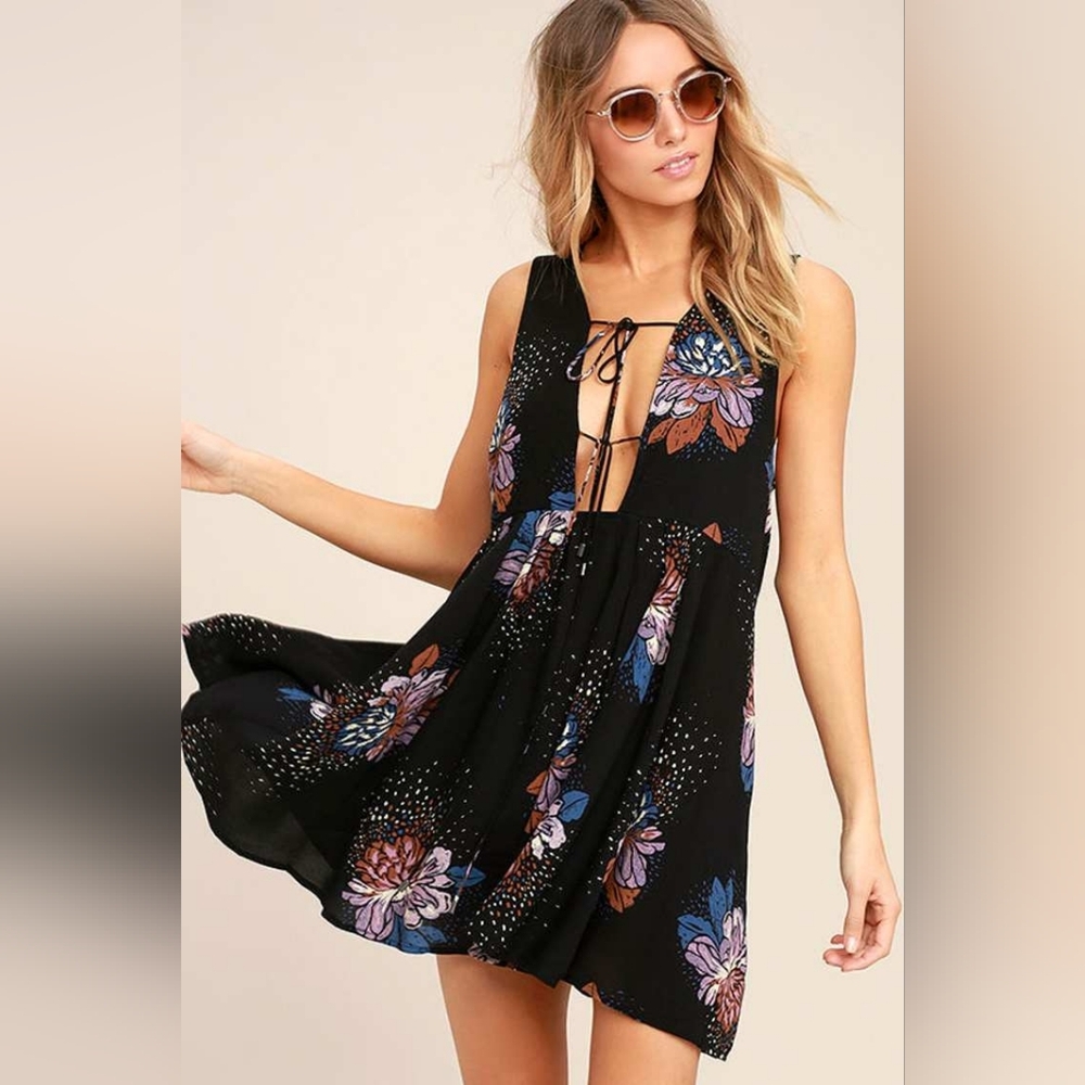 Free People Lovely Day Black Floral Print Tunic Mini Flowy Dress